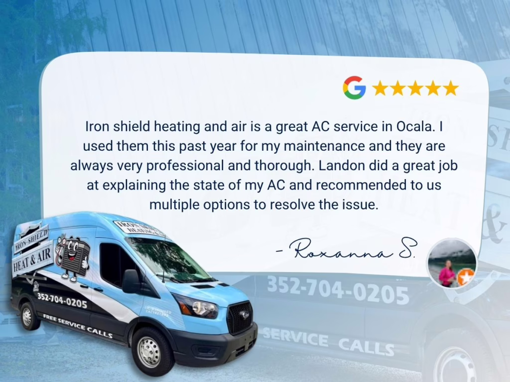 Iron shield heating and air is a great AC service in Ocala. I used them this past year for my maintenance and they are always very professional and thorough. Landon did a great job at explaining the state of my AC and recommended to us multiple options to resolve the issue.