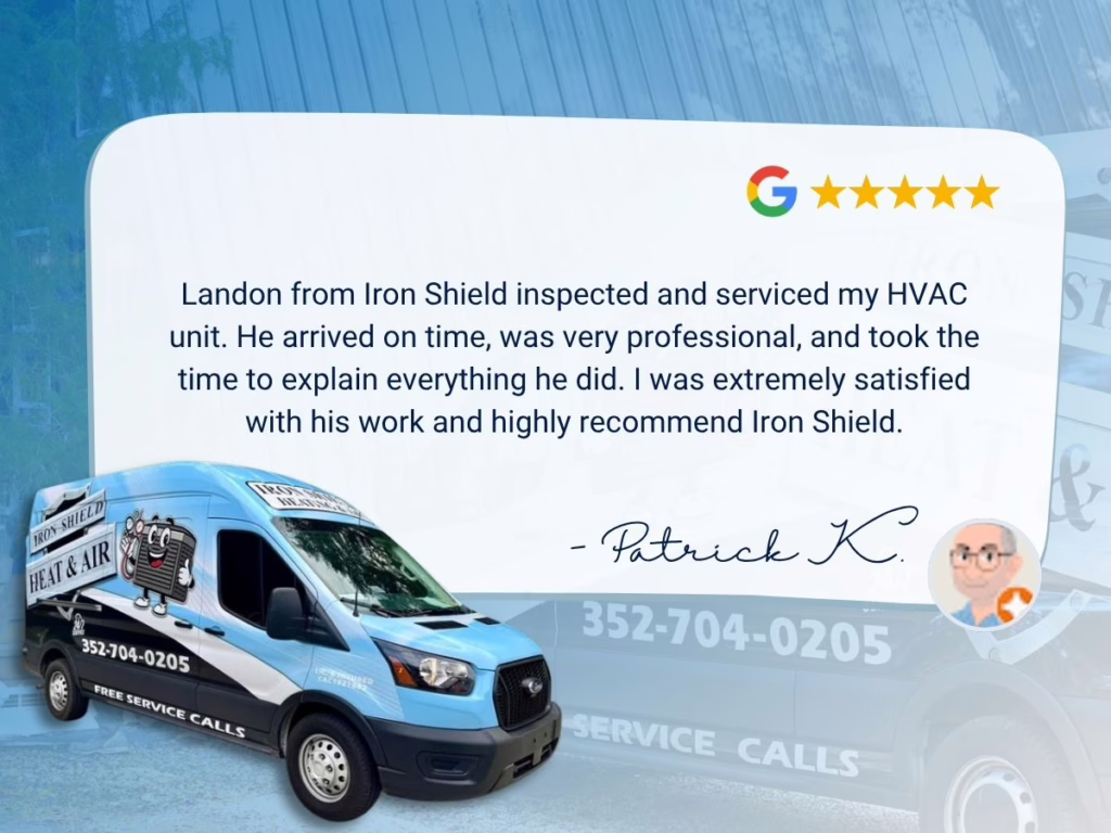 Landon from Iron Shield inspected and serviced my HVAC unit. He arrived on time, was very professional, and took the time to explain everything he did. I was extremely satisfied with his work and highly recommend Iron Shield.