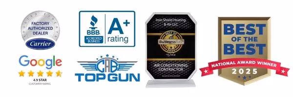 Iron Shield Heating & Air Credentials | Carrier Factory Authorized Dealer | Top Gun Professional | Google 4.9 Star Customer Rating | BBB Accredited Business A+ rating | Bes of Business Rate 2024 Ocala | Best of the Best National Award Winner 2025